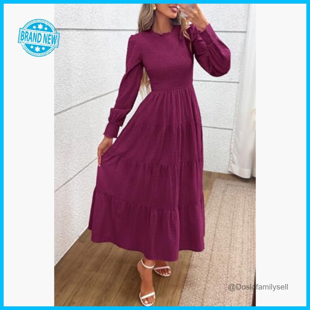 Elegant Swiss Dot Maxi Dress Smocked Waist Long Sleeve Formal Wedding Guest - Picture 6 of 7